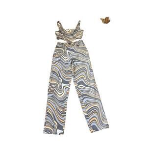Forever 21 Women’s Allover Abstract Crop Top & Matching Pants Orange Swirls M